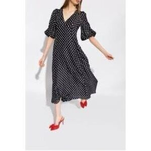 Kate Spade Size 0 Elbow Puff Sleeve Midi Dress Black White Polka Dot Preppy Twee